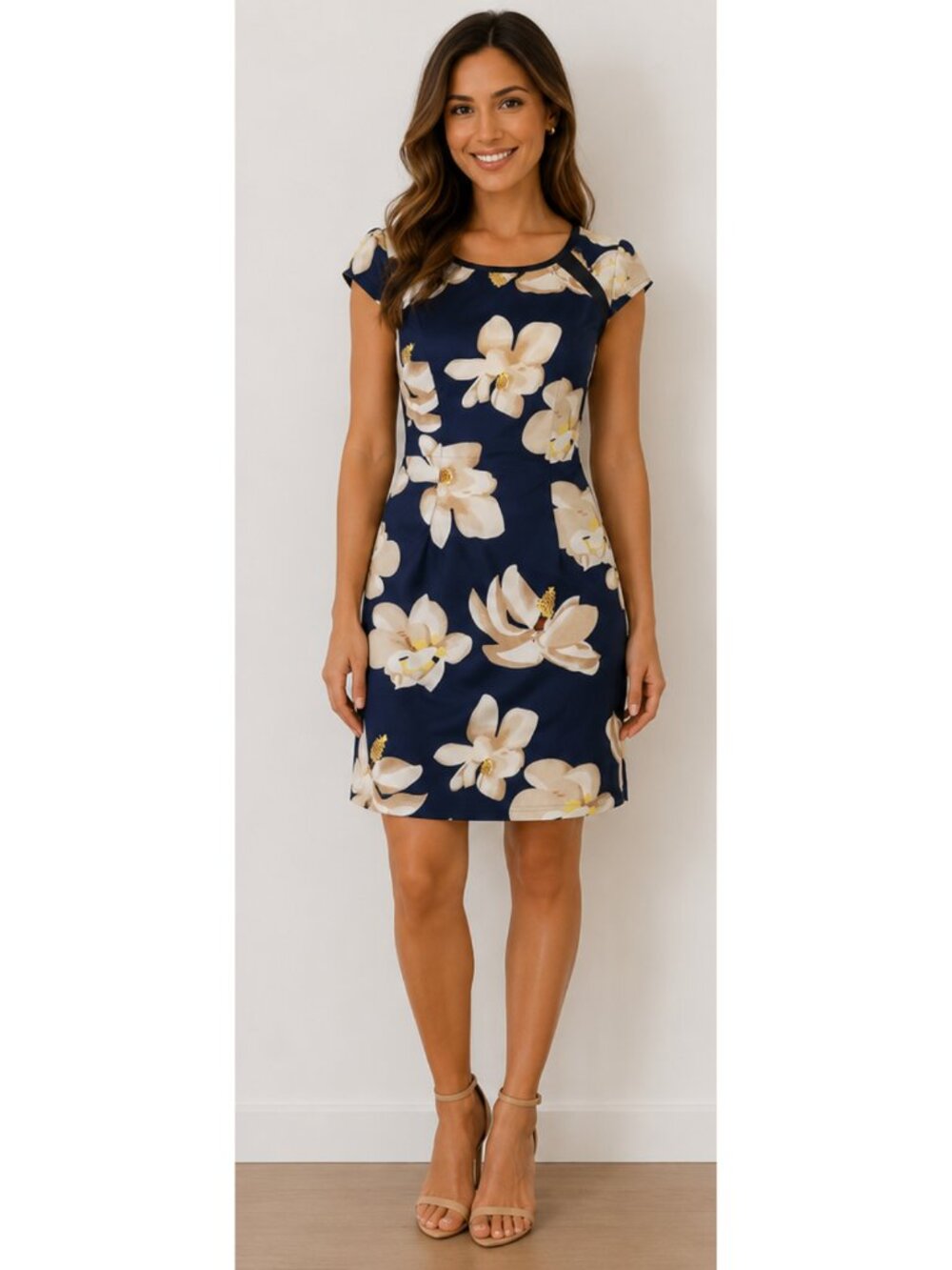 Navy Floral Magnolia Print Sheath Dress - Size L (NWOT)